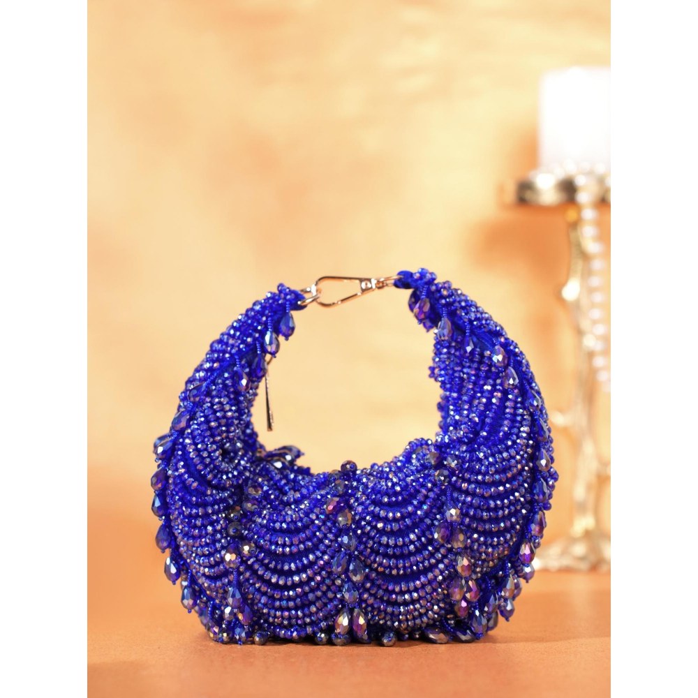 House Of Kosha Liona Royal Blue Suede Embellished Clutch