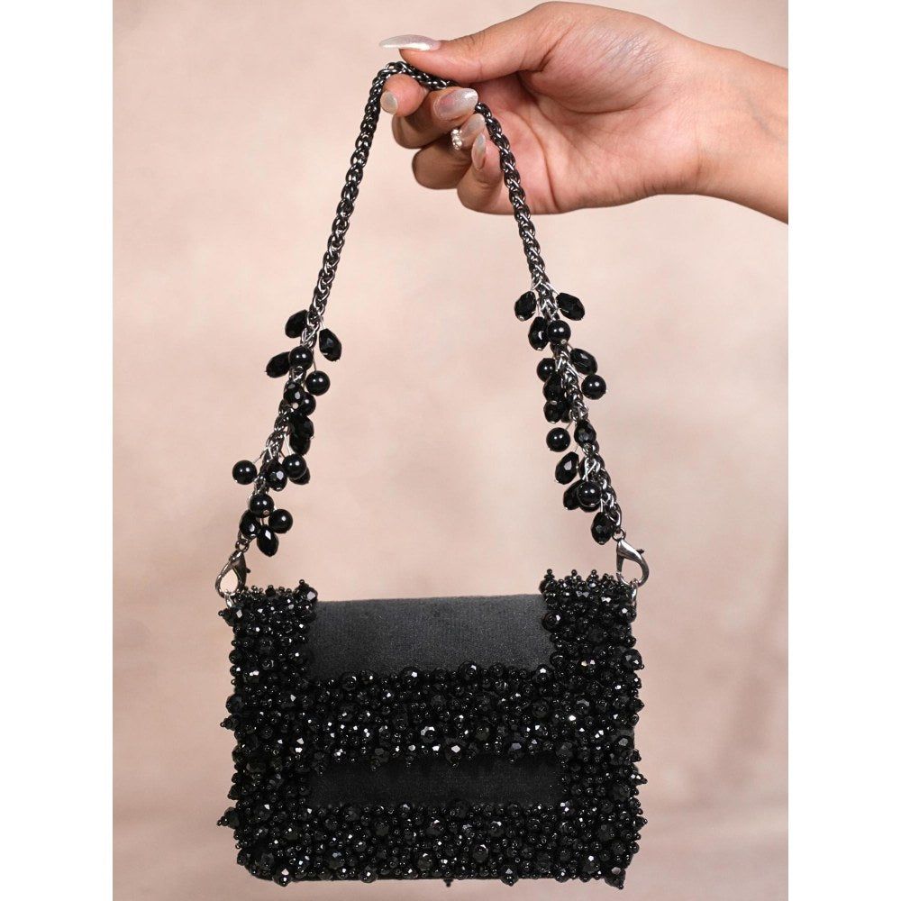 House Of Kosha Elana Black Suede Crystal Embellished Clutch with Detachable Sling Chain