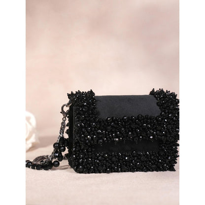 House Of Kosha Elana Black Suede Crystal Embellished Clutch with Detachable Sling Chain