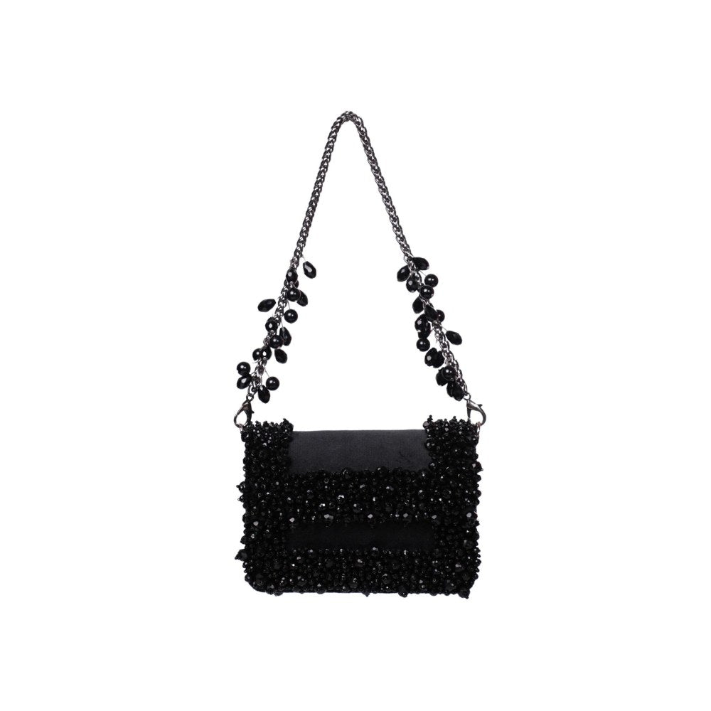 House Of Kosha Elana Black Suede Crystal Embellished Clutch with Detachable Sling Chain