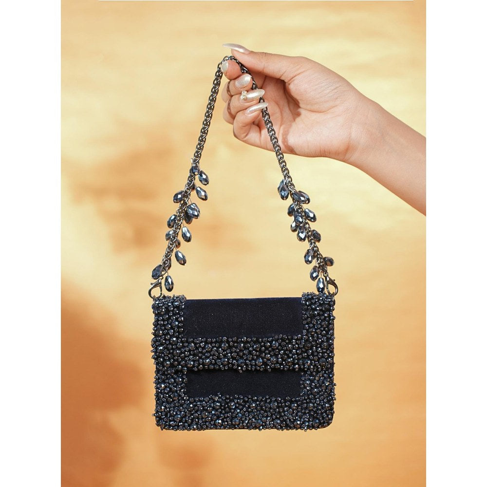 House Of Kosha Elana Navy Blue Suede Crystal Embellished Clutch with Detachable Sling Chain
