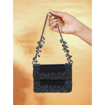 House Of Kosha Elana Navy Blue Suede Crystal Embellished Clutch with Detachable Sling Chain