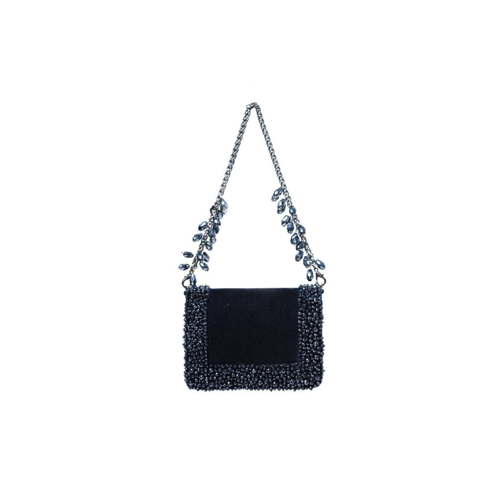 House Of Kosha Elana Navy Blue Suede Crystal Embellished Clutch with Detachable Sling Chain