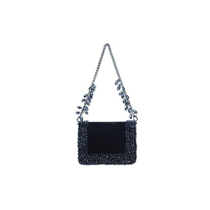 House Of Kosha Elana Navy Blue Suede Crystal Embellished Clutch with Detachable Sling Chain