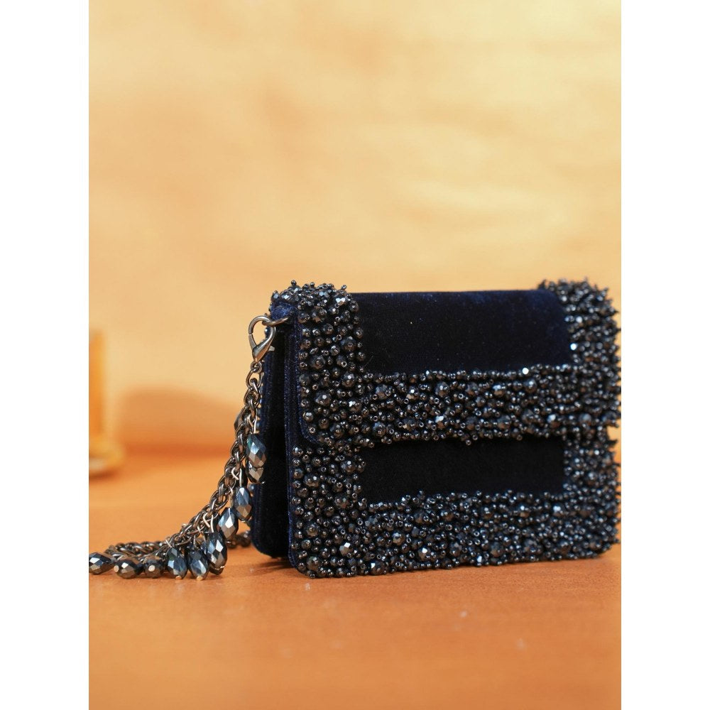 House Of Kosha Elana Navy Blue Suede Crystal Embellished Clutch with Detachable Sling Chain