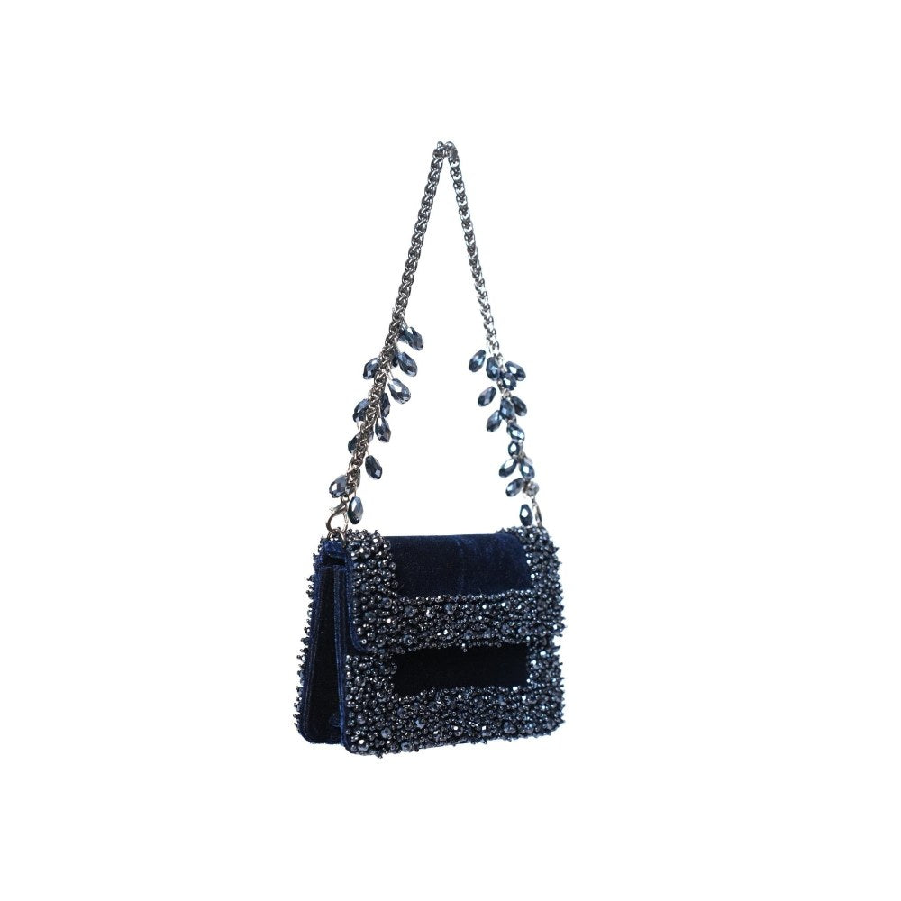 House Of Kosha Elana Navy Blue Suede Crystal Embellished Clutch with Detachable Sling Chain