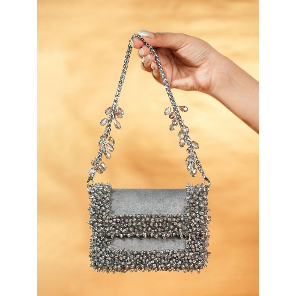 House Of Kosha Elana Grey Suede Crystal Embellished Clutch with Detachable Sling Chain