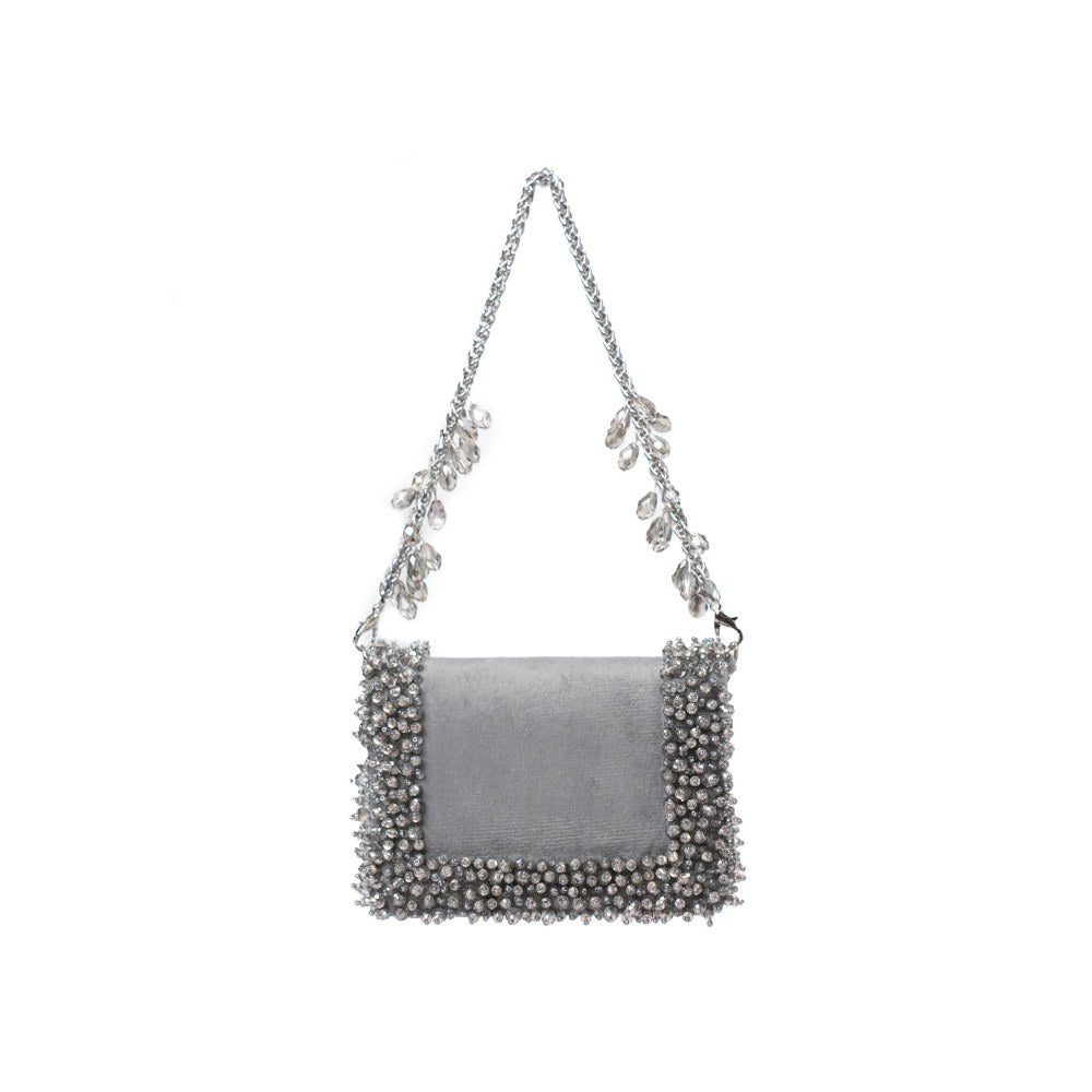 House Of Kosha Elana Grey Suede Crystal Embellished Clutch with Detachable Sling Chain