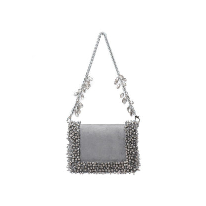 House Of Kosha Elana Grey Suede Crystal Embellished Clutch with Detachable Sling Chain