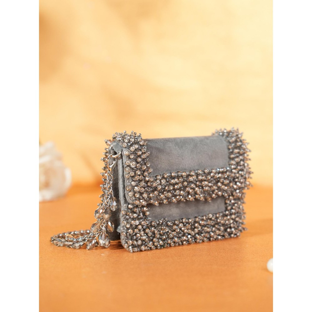 House Of Kosha Elana Grey Suede Crystal Embellished Clutch with Detachable Sling Chain