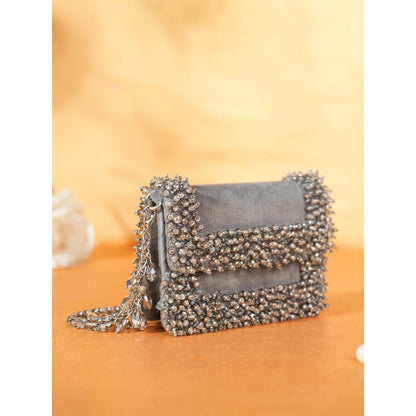 House Of Kosha Elana Grey Suede Crystal Embellished Clutch with Detachable Sling Chain