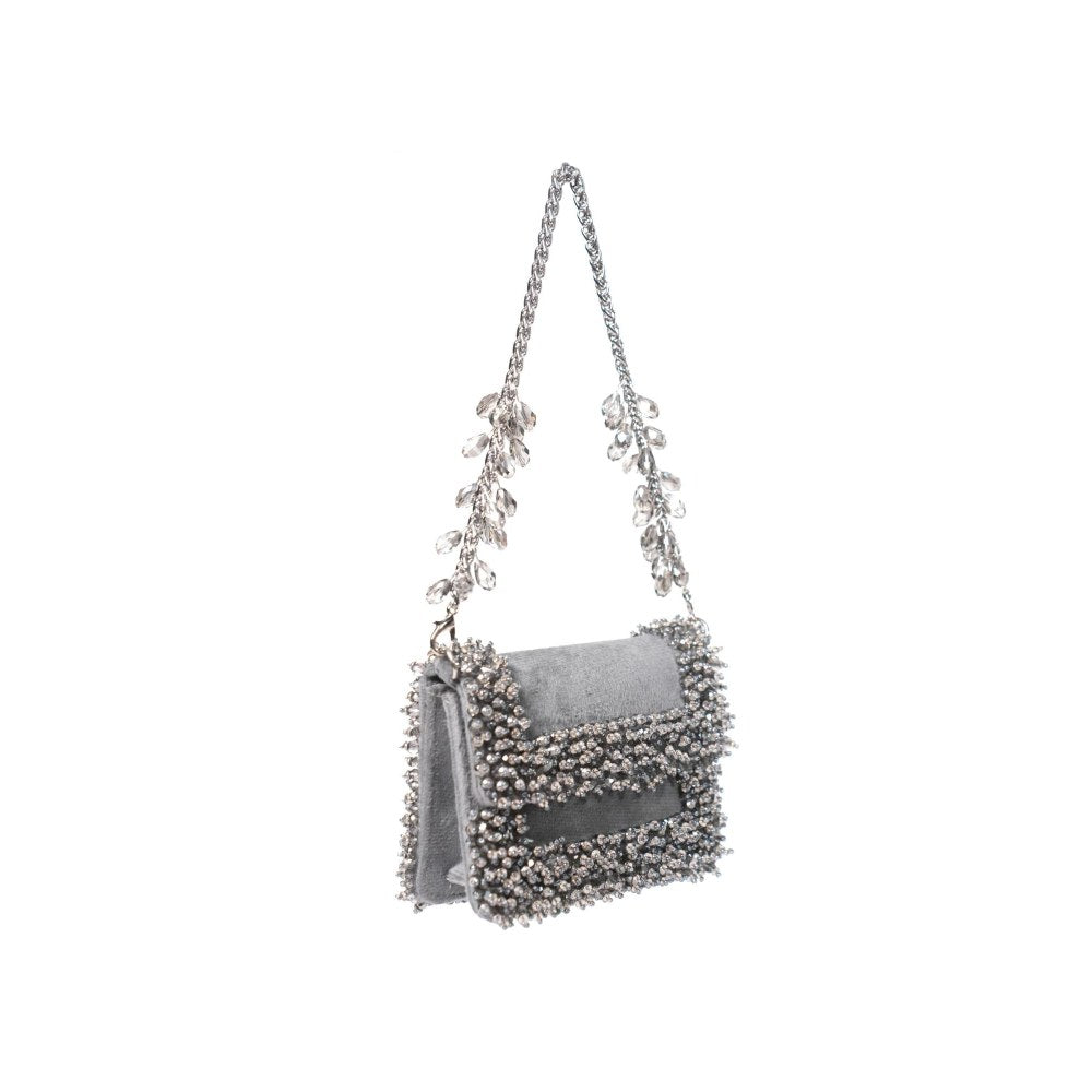 House Of Kosha Elana Grey Suede Crystal Embellished Clutch with Detachable Sling Chain