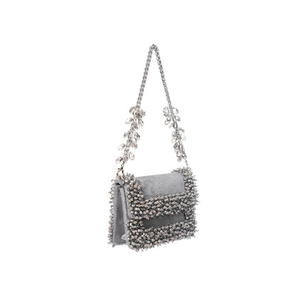 House Of Kosha Elana Grey Suede Crystal Embellished Clutch with Detachable Sling Chain