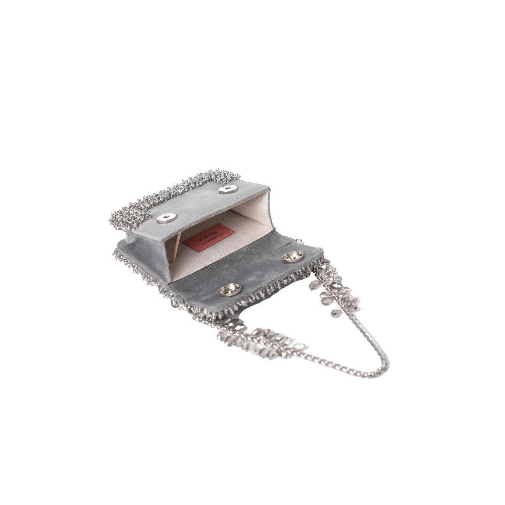 House Of Kosha Elana Grey Suede Crystal Embellished Clutch with Detachable Sling Chain
