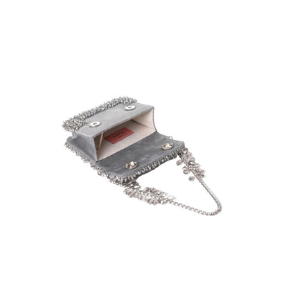 House Of Kosha Elana Grey Suede Crystal Embellished Clutch with Detachable Sling Chain
