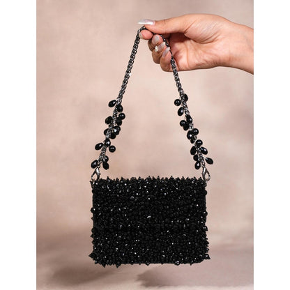 House Of Kosha Kiyara Black Suede Crystal Embellished Clutch with Detachable Sling Chain