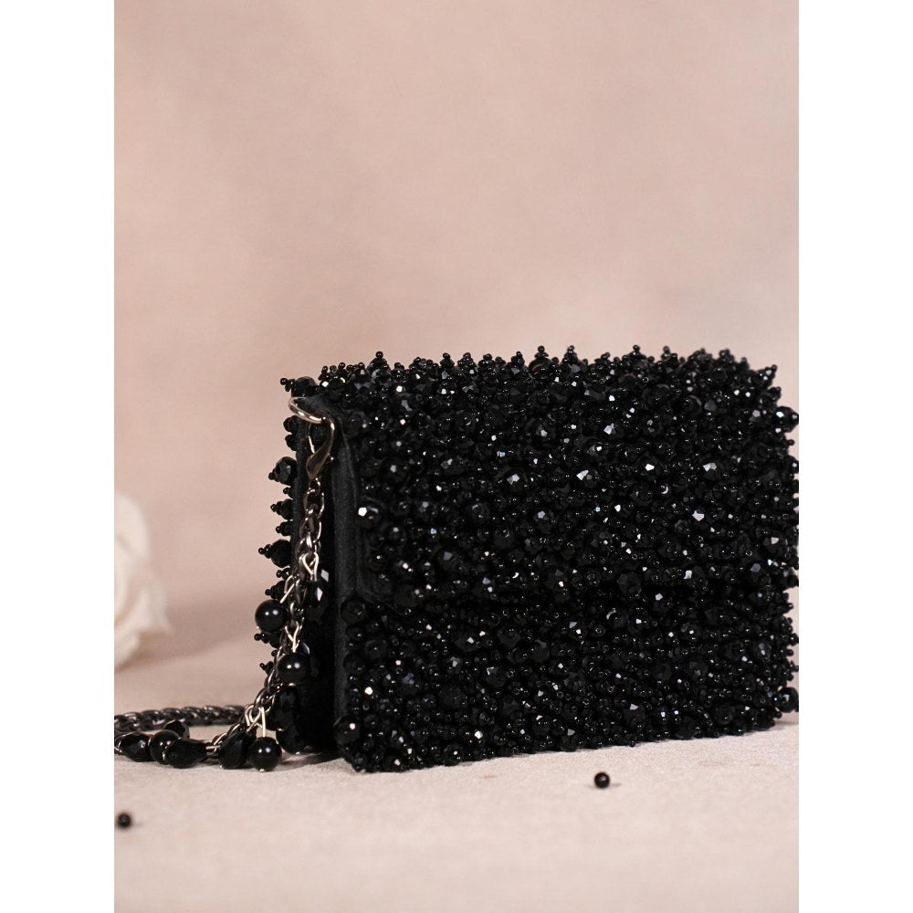 House Of Kosha Kiyara Black Suede Crystal Embellished Clutch with Detachable Sling Chain