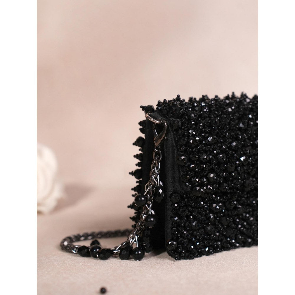 House Of Kosha Kiyara Black Suede Crystal Embellished Clutch with Detachable Sling Chain
