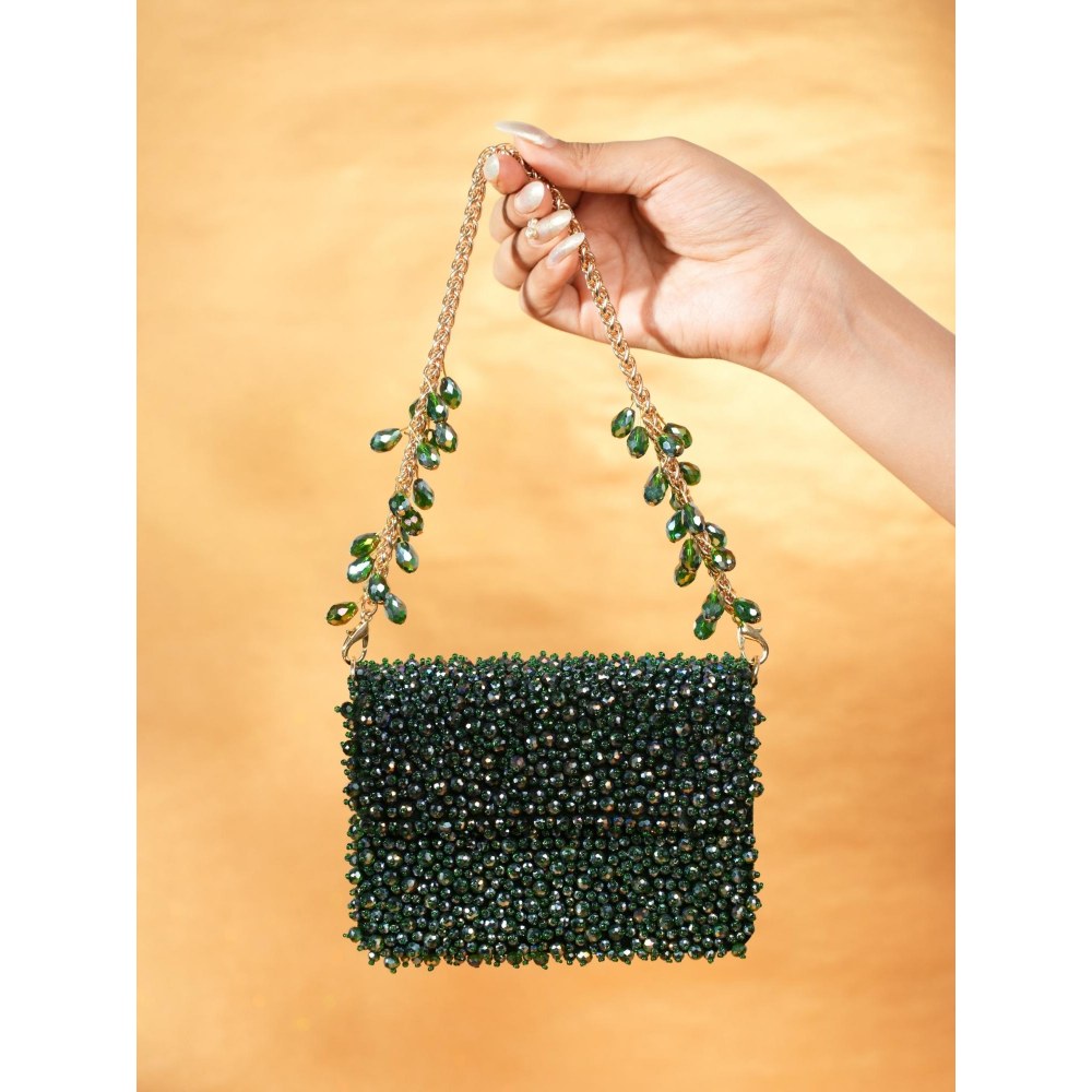 House Of Kosha Kiyara Green Suede Crystal Embellished Clutch with Detachable Sling Chain