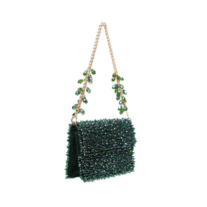 House Of Kosha Kiyara Green Suede Crystal Embellished Clutch with Detachable Sling Chain