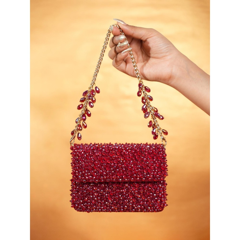 House Of Kosha Kiyara Maroon Suede Crystal Embellished Clutch with Detachable Sling Chain