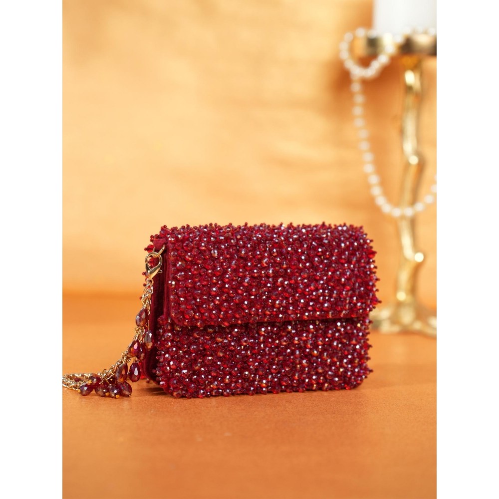 House Of Kosha Kiyara Maroon Suede Crystal Embellished Clutch with Detachable Sling Chain