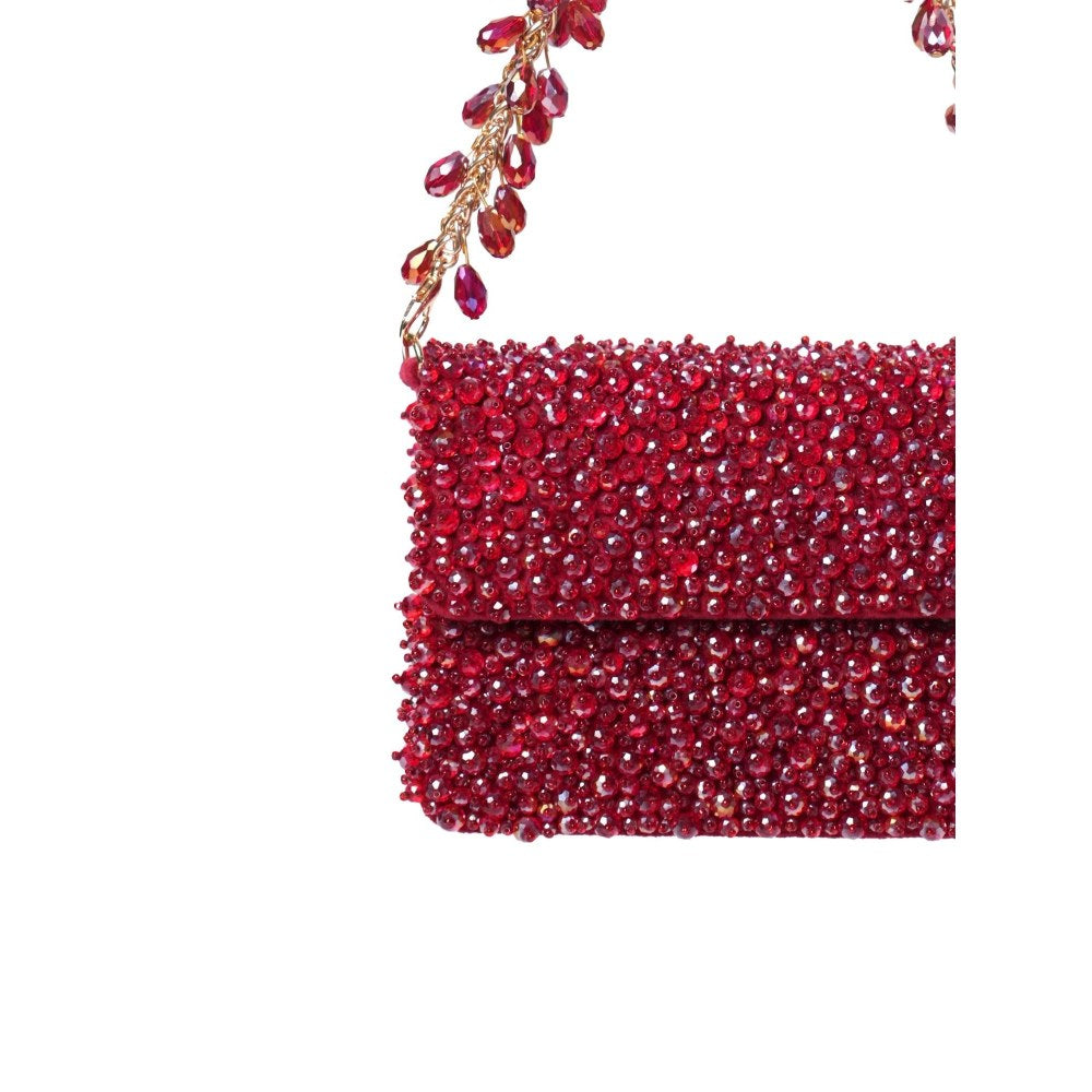 House Of Kosha Kiyara Maroon Suede Crystal Embellished Clutch with Detachable Sling Chain