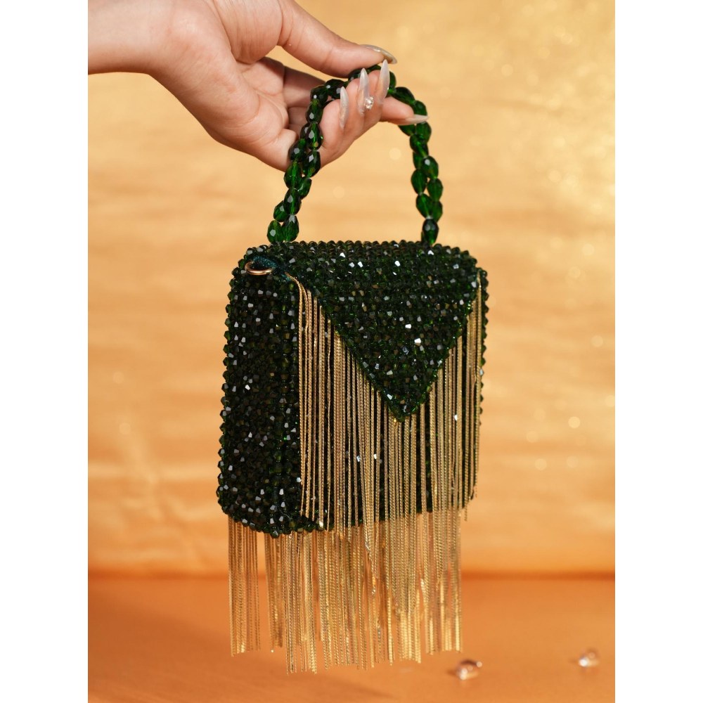 House Of Kosha Natali Green Embellished Clutch with Detachable Sling Chain