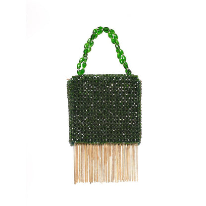 House Of Kosha Natali Green Embellished Clutch with Detachable Sling Chain
