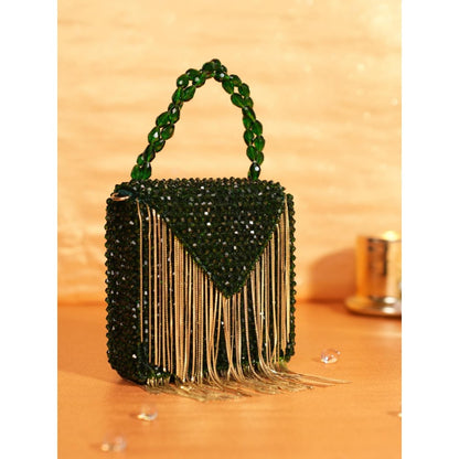 House Of Kosha Natali Green Embellished Clutch with Detachable Sling Chain