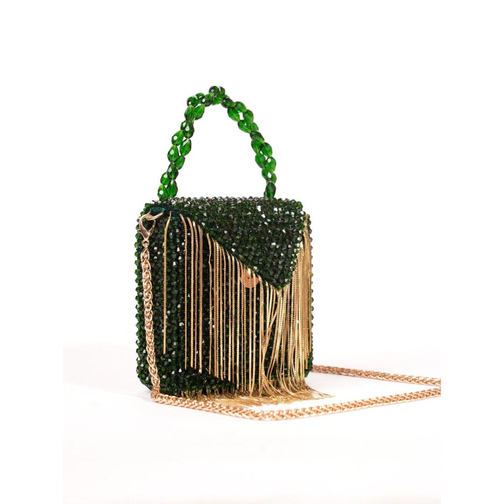 House Of Kosha Natali Green Embellished Clutch with Detachable Sling Chain