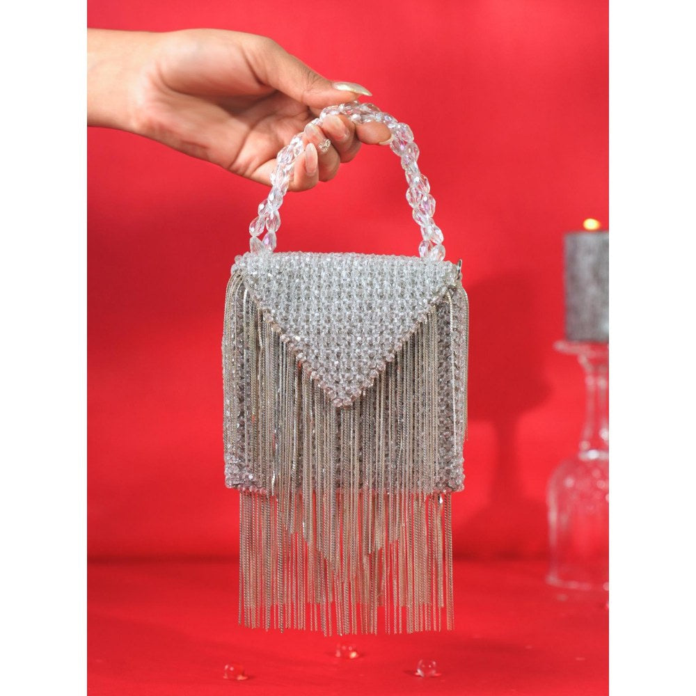 House Of Kosha Natali Silver Embellished Clutch with Detachable Sling Chain