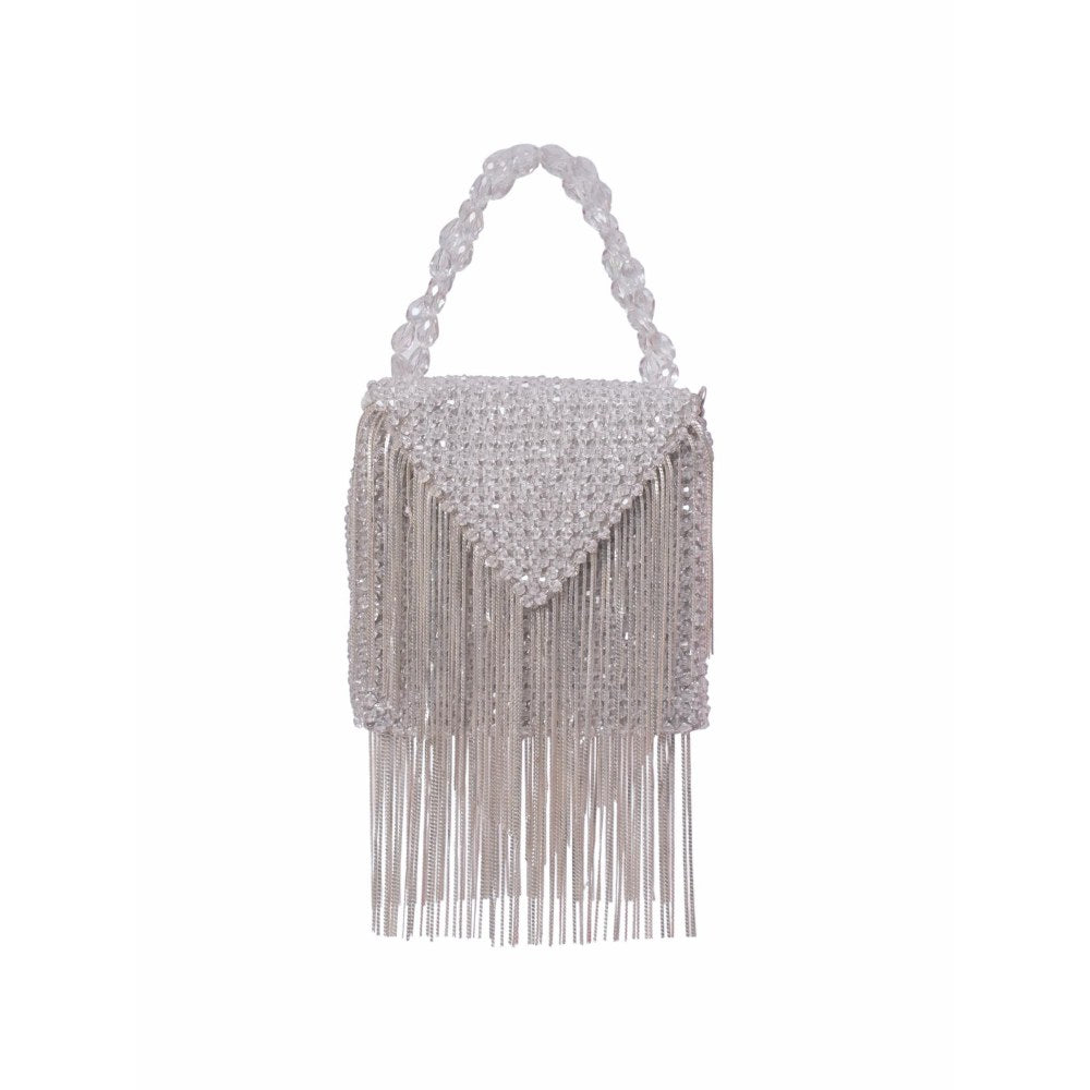 House Of Kosha Natali Silver Embellished Clutch with Detachable Sling Chain