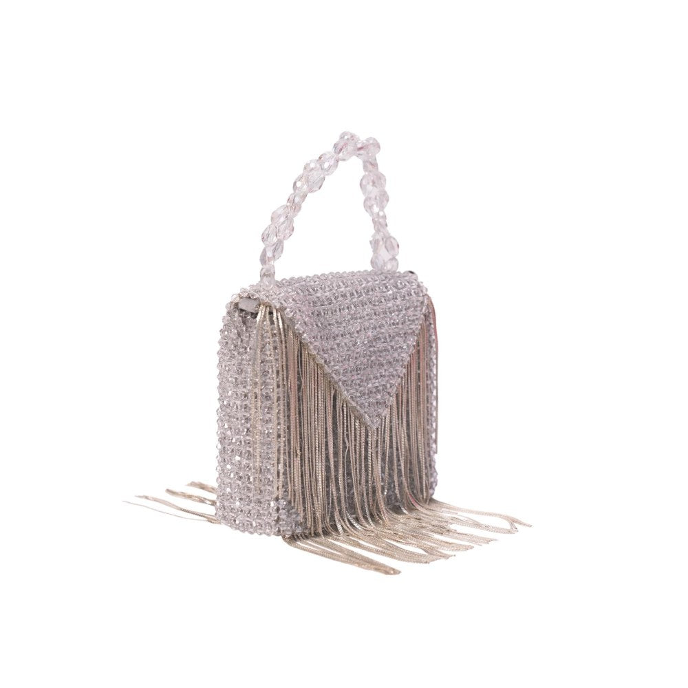 House Of Kosha Natali Silver Embellished Clutch with Detachable Sling Chain