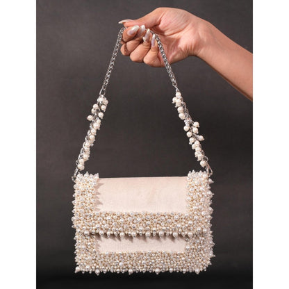 House Of Kosha Aliya Ivory Suede Pearl Embellished Clutch with Detachable Sling Chain
