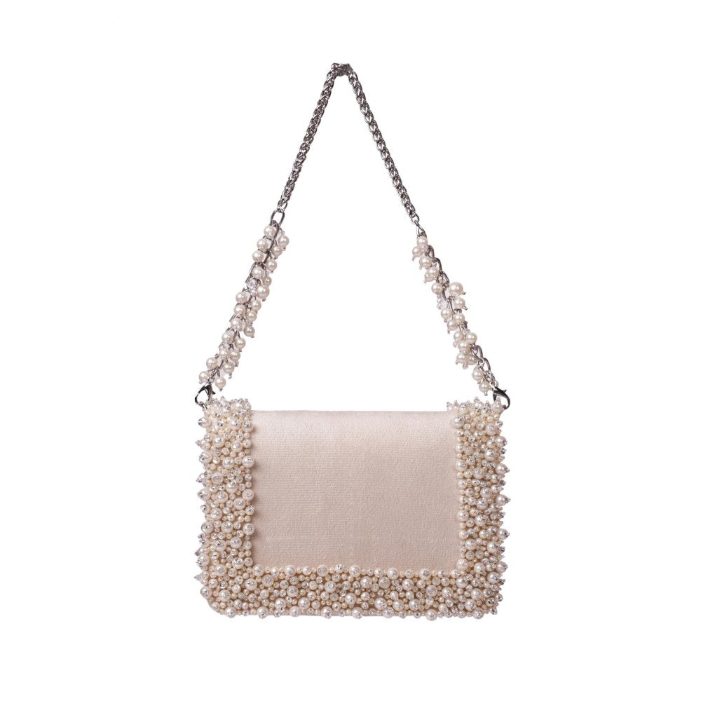 House Of Kosha Aliya Ivory Suede Pearl Embellished Clutch with Detachable Sling Chain