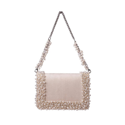 House Of Kosha Aliya Ivory Suede Pearl Embellished Clutch with Detachable Sling Chain