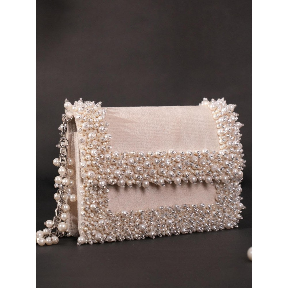 House Of Kosha Aliya Ivory Suede Pearl Embellished Clutch with Detachable Sling Chain