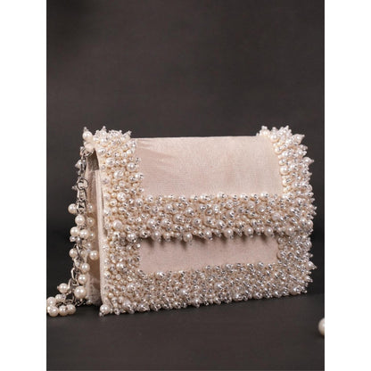 House Of Kosha Aliya Ivory Suede Pearl Embellished Clutch with Detachable Sling Chain