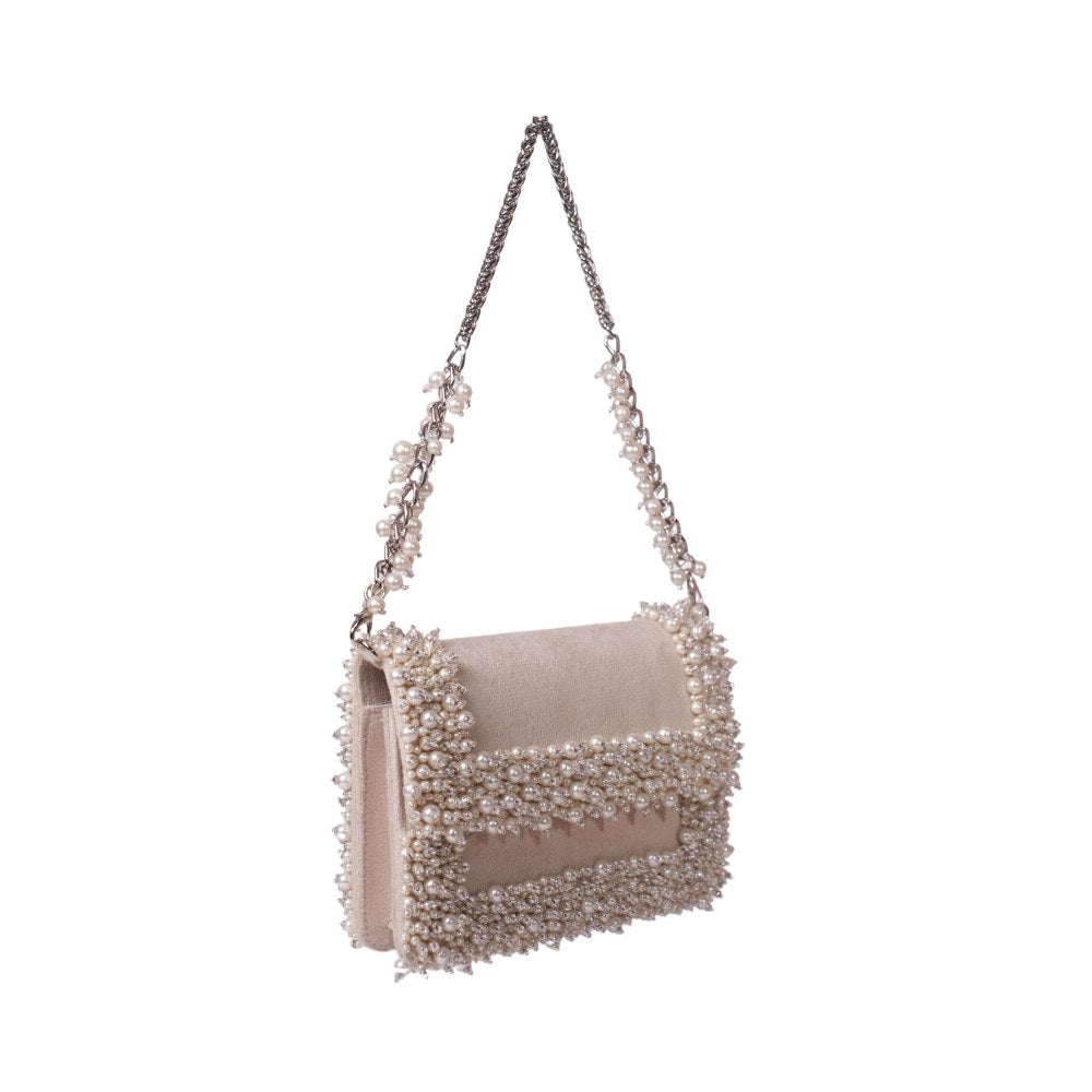 House Of Kosha Aliya Ivory Suede Pearl Embellished Clutch with Detachable Sling Chain