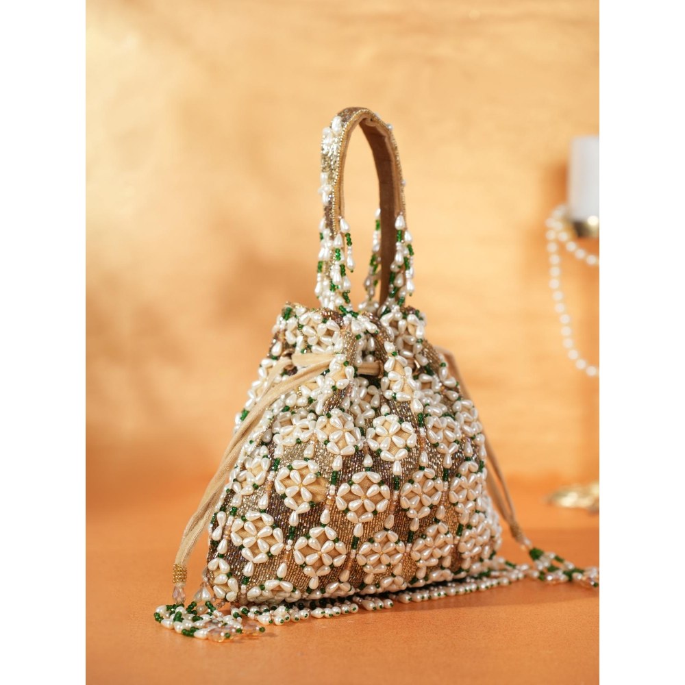 House Of Kosha Falak Gold Suede Embellished Potli with Detachable Strap