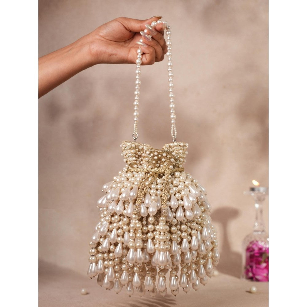 House Of Kosha Zarah Gold Pearl Georgette Embellished Potli with Detachable Sling Chain