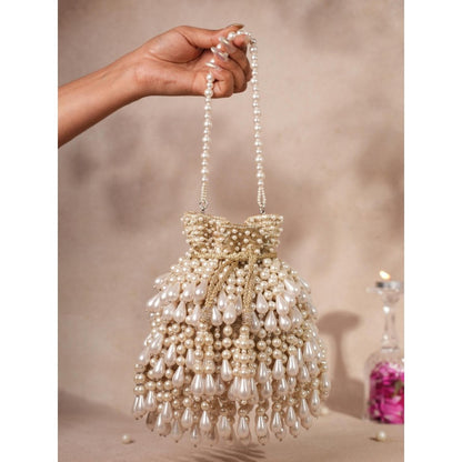 House Of Kosha Zarah Gold Pearl Georgette Embellished Potli with Detachable Sling Chain