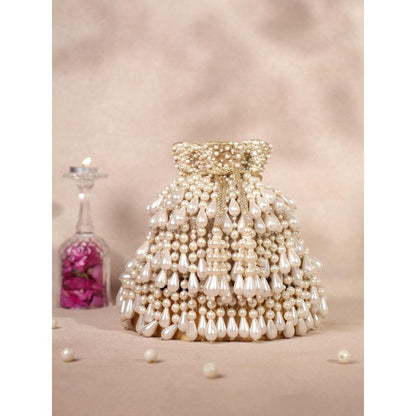 House Of Kosha Zarah Gold Pearl Georgette Embellished Potli with Detachable Sling Chain