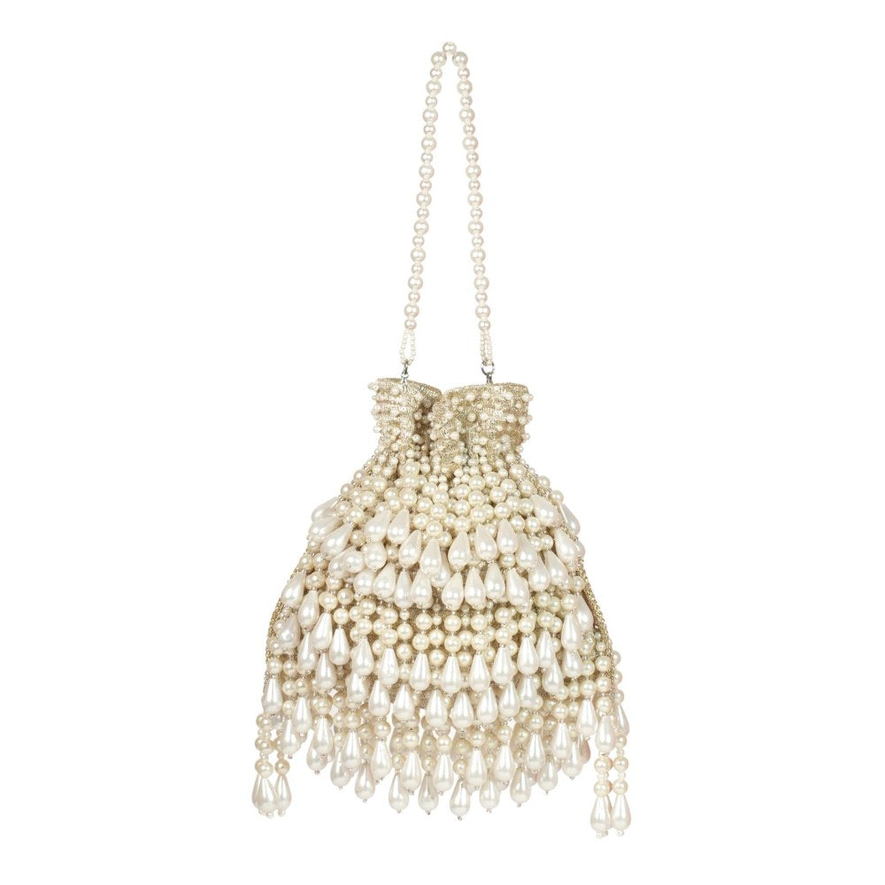 House Of Kosha Zarah Gold Pearl Georgette Embellished Potli with Detachable Sling Chain