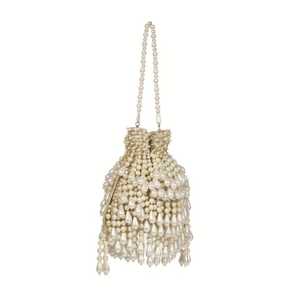 House Of Kosha Zarah Gold Pearl Georgette Embellished Potli with Detachable Sling Chain
