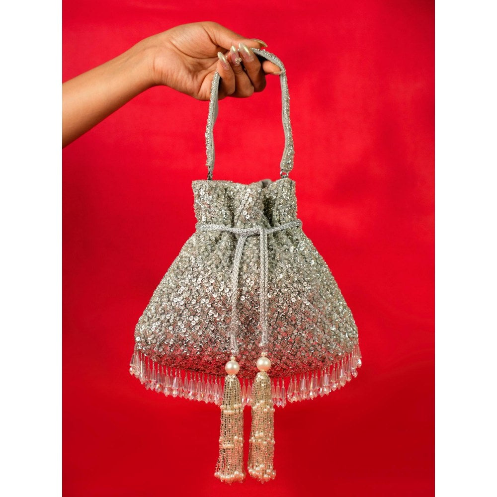 House Of Kosha Sitara Silver Suede Sequin Embellished Potli with Detachable Strap