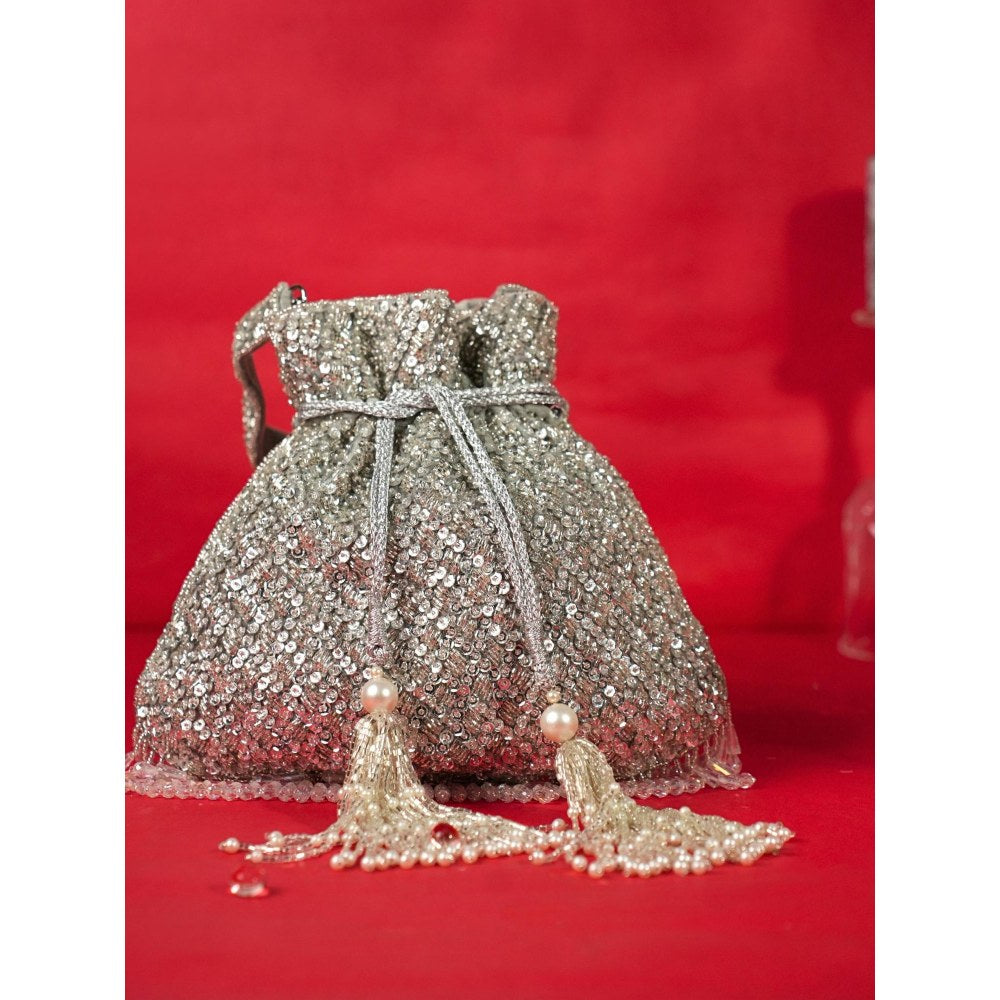 House Of Kosha Sitara Silver Suede Sequin Embellished Potli with Detachable Strap