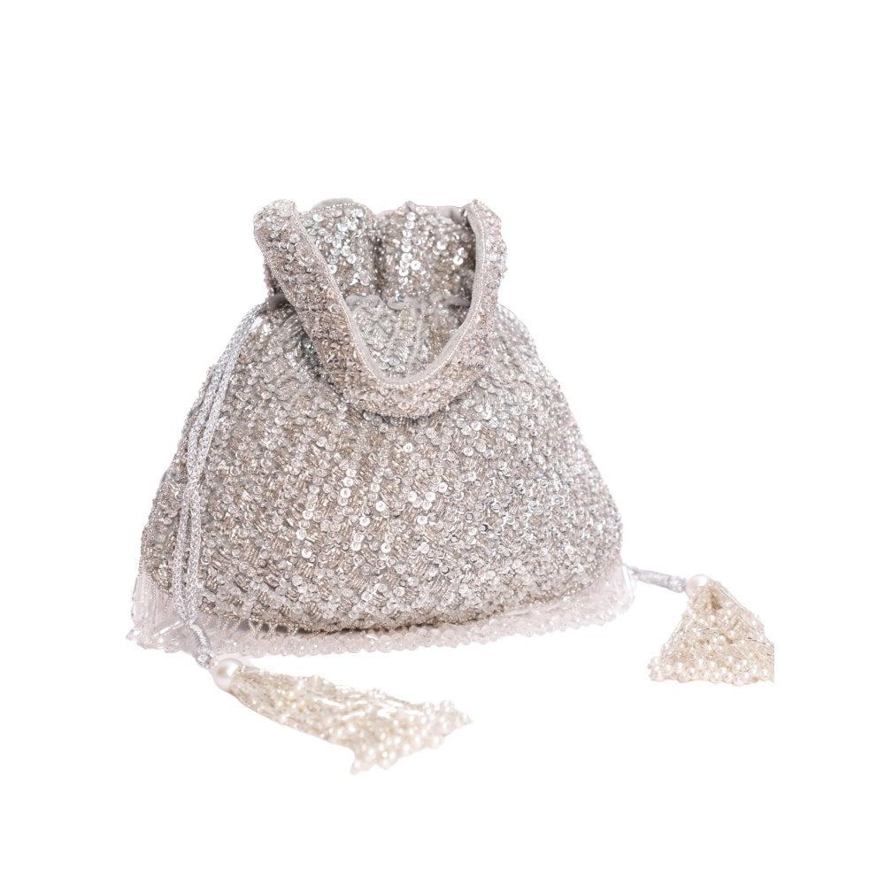 House Of Kosha Sitara Silver Suede Sequin Embellished Potli with Detachable Strap