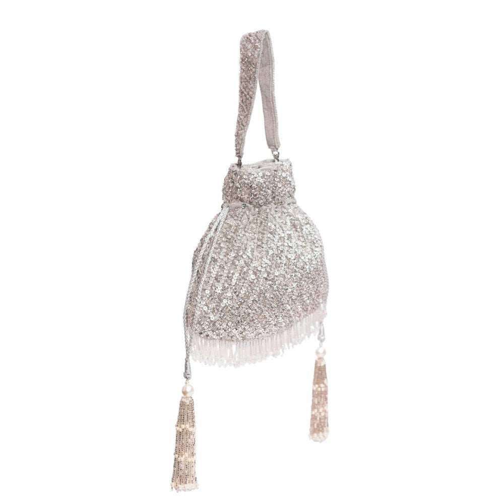 House Of Kosha Sitara Silver Suede Sequin Embellished Potli with Detachable Strap